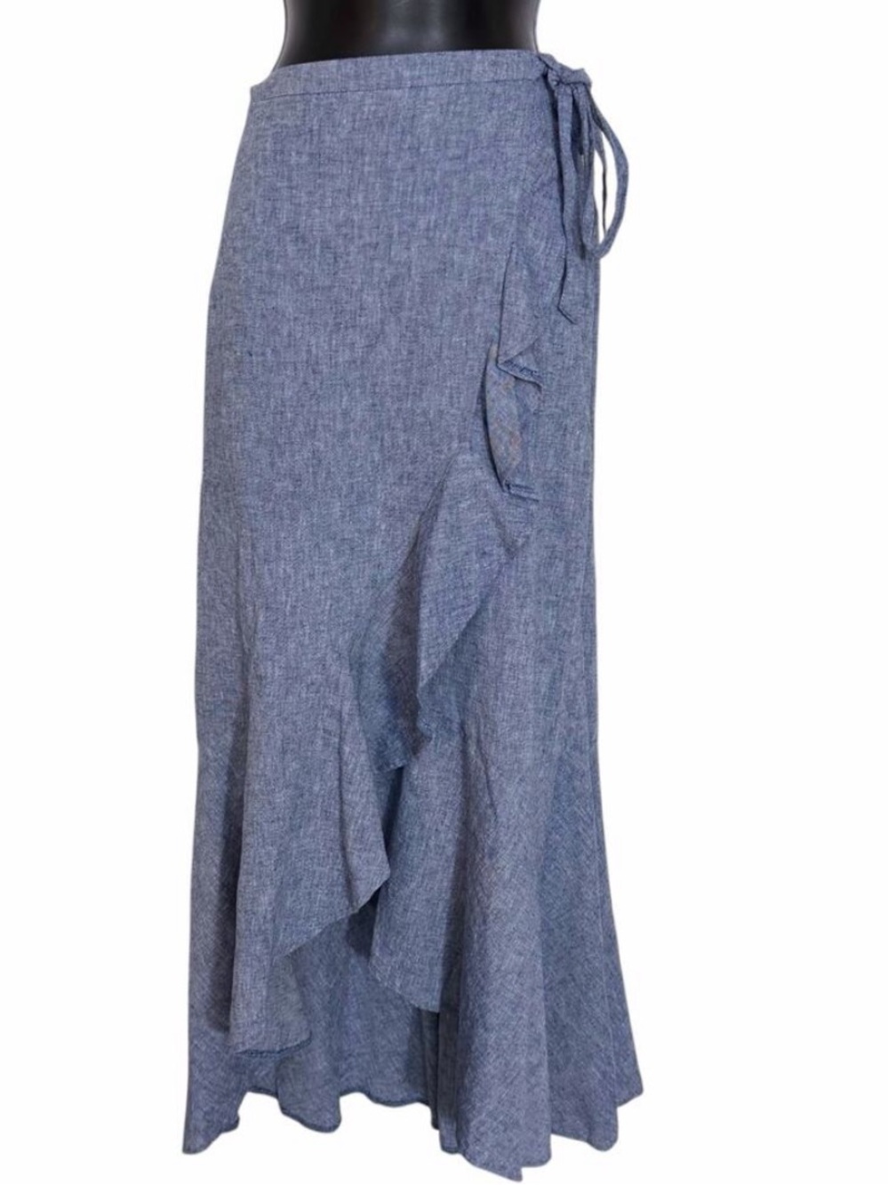 Express Chambray Ruffle Wrap Maxi Skirt in Blue